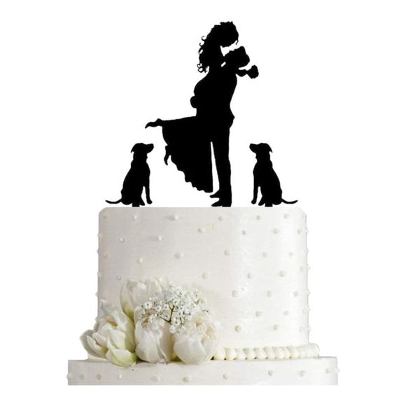 TX Other - Wedding Cake Topper Bride Holding Groom Besides 2 Dogs (Black Silhouette)